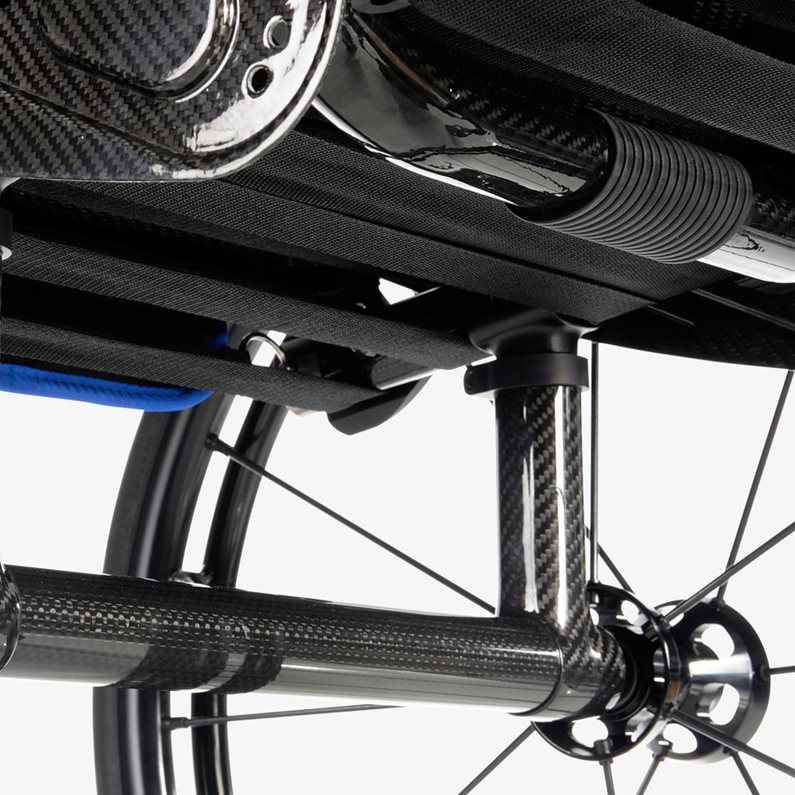 The underneath seat sling of a wheelchair.