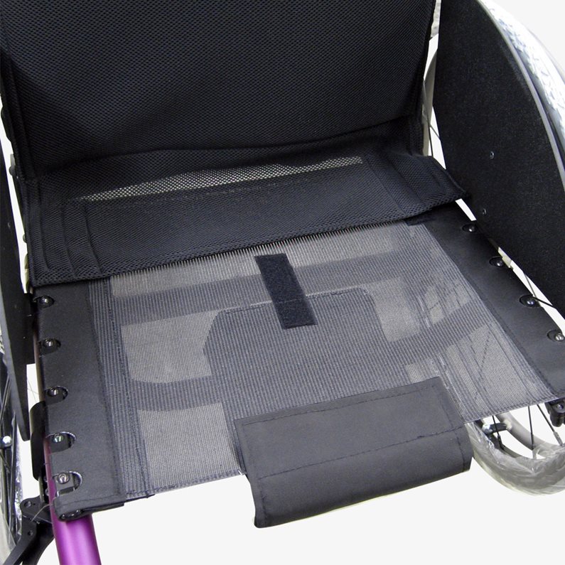 A seat slignt with one utility bag mounted to a wheelchair.