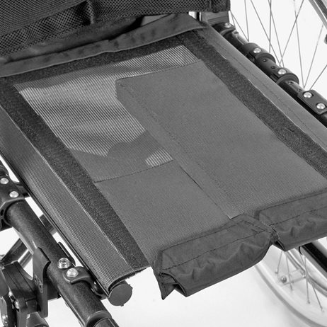 A seat sling with utility bag mounted onto a wheelchair.